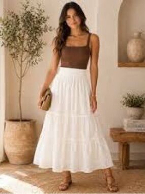Tiered White Midi Skirt with High Waist